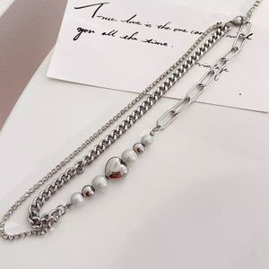 Stainless Steel Heart and Rhinestone Double Layer Necklace